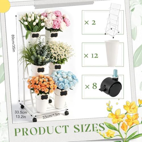 2 Pack Flower Display Stand with 12 Buckets, Wheels & Blackboards, White in White, alternate view 2