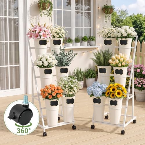 2 Pack Flower Display Stand with 12 Buckets, Wheels & Blackboards, White in White, alternate view 5