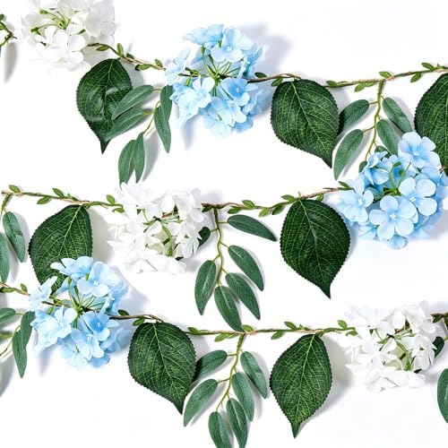 2 Pack Flower Garland, 6.6 FT Artificial Floral Vine with Burlap Rope, White and Blue Hanging Flower Garland for
