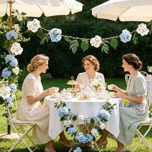 2 Pack Flower Garland, 6.6 FT Artificial Floral Vine with Burlap Rope, White and Blue Hanging Flower Garland for, alternate