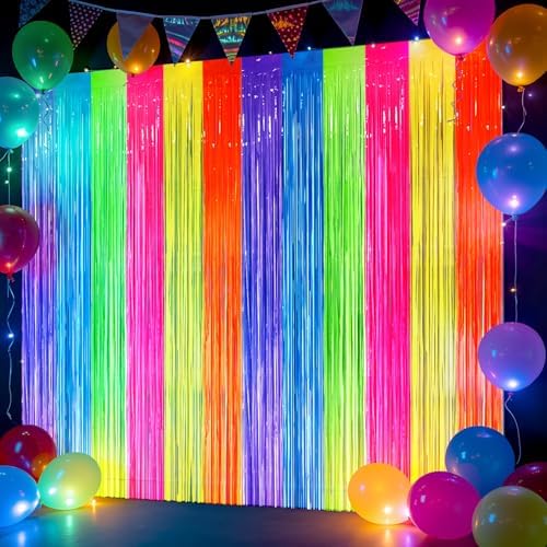 2 Pack Fluorescent Macarons Tinsel Curtains, 3.2x8.2ft Party Streamers Backdrop, Holographic Foil Curtain Photo