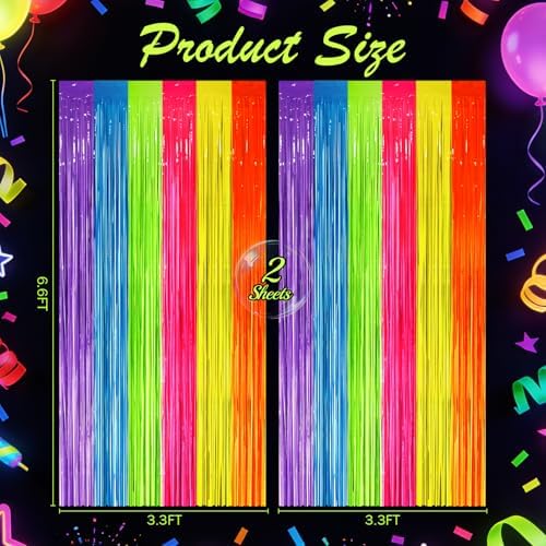 2 Pack Fluorescent Macarons Tinsel Curtains, 3.2x8.2ft Party Streamers Backdrop, Holographic Foil Curtain Photo, alternate