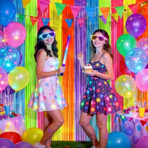2 Pack Fluorescent Macarons Tinsel Curtains, 3.2x8.2ft Party Streamers Backdrop, Holographic Foil Curtain Photo, alternate