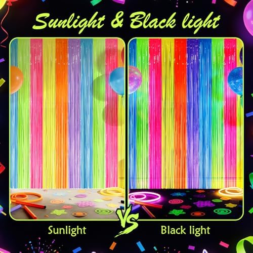2 Pack Fluorescent Macarons Tinsel Curtains, 3.2x8.2ft Party Streamers Backdrop, Holographic Foil Curtain Photo, alternate