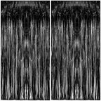 2 Pack Foil Curtain Backdrop Black Metallic Tinsel Foil Fringe Curtains Photo Booth Props for Birthday Wedding