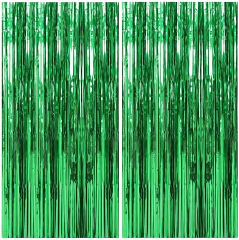 2 Pack Foil Curtain Backdrop Green Metallic Tinsel Foil Fringe Curtains Photo Booth Props for Birthday Wedding
