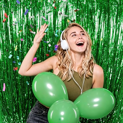 2 Pack Foil Curtain Backdrop Green Metallic Tinsel Foil Fringe Curtains Photo Booth Props for Birthday Wedding, alternate