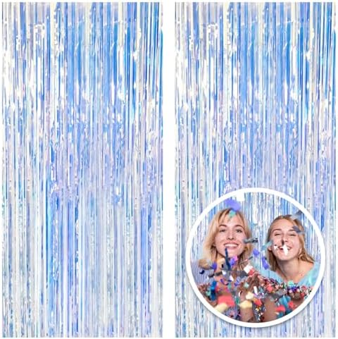 2 Pack Foil Curtain Backdrop Iridescent Metallic Tinsel Foil Fringe Curtains Photo Booth Props for Birthday