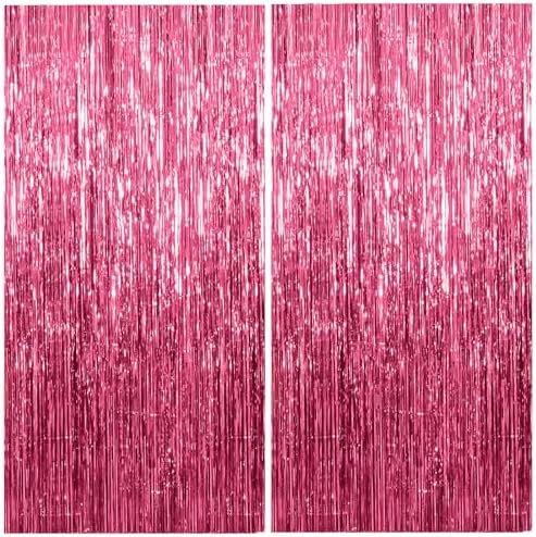 2 Pack Foil Curtain Backdrop Pink Metallic Tinsel Foil Fringe Curtains Photo Booth Props for Birthday Wedding