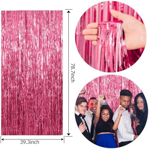 2 Pack Foil Curtain Backdrop Pink Metallic Tinsel Foil Fringe Curtains Photo Booth Props for Birthday Wedding, alternate view