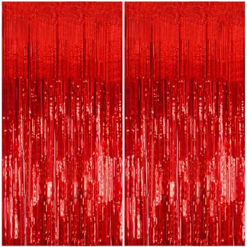 2 Pack Foil Curtain Backdrop Red Metallic Tinsel Foil Fringe Curtains Photo Booth Props for Birthday Wedding
