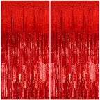 2 Pack Foil Curtain Backdrop Red Metallic Tinsel Foil Fringe Curtains Photo Booth Props for Birthday Wedding
