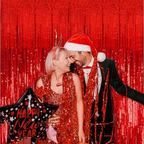 2 Pack Foil Curtain Backdrop Red Metallic Tinsel Foil Fringe Curtains Photo Booth Props for Birthday Wedding, alternate view
