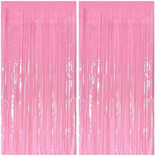 2 Pack Foil Curtain Pink Backdrop Streamers Metallic Tinsel Fringe Curtains Photo Booth Props for Birthday