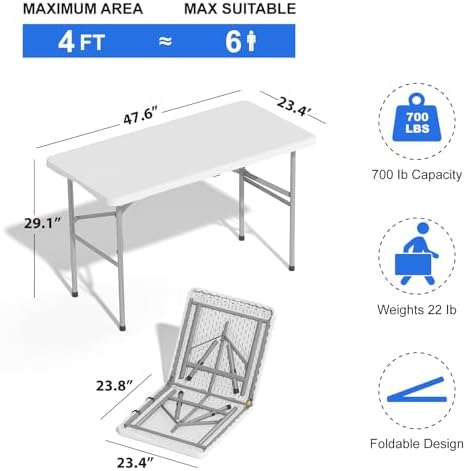 2 Pack Foldable Table 4ft for Camping Party Picnic, School, White in White, alternate view 2