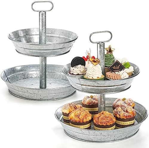 2 Pack Galvanized Serving Stand, Metal 2 Tier Cupcake Tray Stand, Vintage Dessert Appetizer Display Stand
