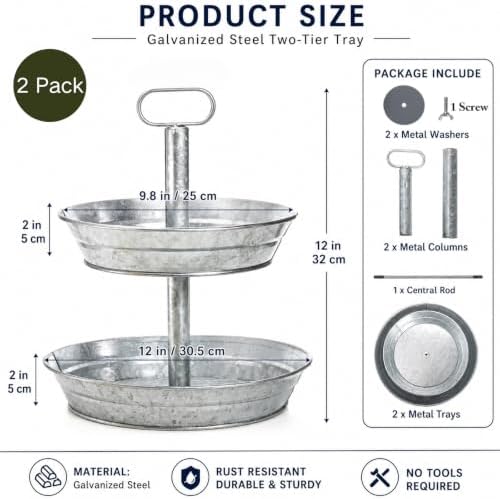 2 Pack Galvanized Serving Stand, Metal 2 Tier Cupcake Tray Stand, Vintage Dessert Appetizer Display Stand, alternate view 3