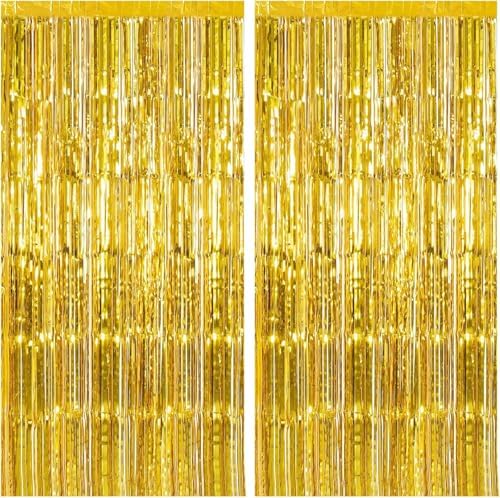 2 Pack Gold Backdrop Birthday Decorations Foil Curtain Backdrop Gold Streamers Dance Party Decorations Photo