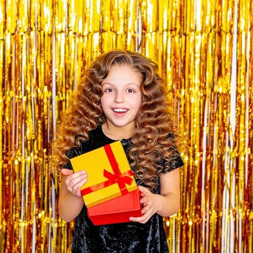 2 Pack Gold Backdrop Birthday Decorations Foil Curtain Backdrop Gold Streamers Dance Party Decorations Photo, alternate view