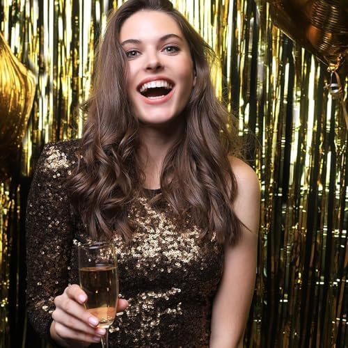 2 Pack Gold Backdrop Birthday Decorations Foil Curtain Backdrop Gold Streamers Dance Party Decorations Photo, alternate view