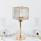 2 Pack Gold Crystal Hurricane Candle Holders - 13" Square Glass Pillar Candle Stands, Crystal Pendant Design in
