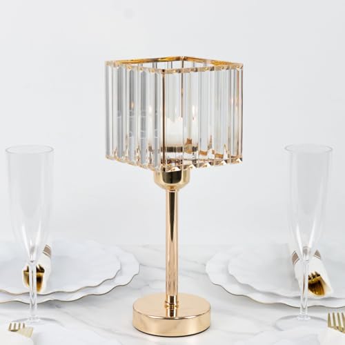2 Pack Gold Crystal Hurricane Candle Holders - 13" Square Glass Pillar Candle Stands, Crystal Pendant Design in