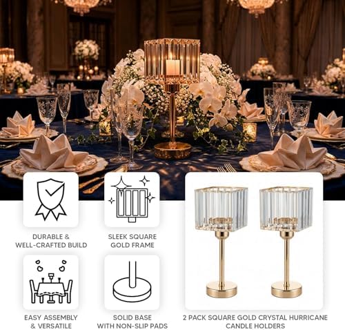 2 Pack Gold Crystal Hurricane Candle Holders - 13" Square Glass Pillar Candle Stands, Crystal Pendant Design in, alternate