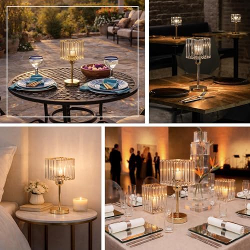 2 Pack Gold Crystal Hurricane Candle Holders - 13" Square Glass Pillar Candle Stands, Crystal Pendant Design in, alternate