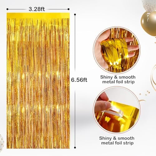 2 Pack Gold Foil Fringe Curtains, Metallic Tinsel Streamers, alternate view 2