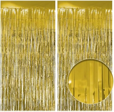 2 Pack Gold Fringe Backdrop, 3.2 x 8.2 ft Tinsel Curtains Party Decorations in 3.2 x 8.2 ft