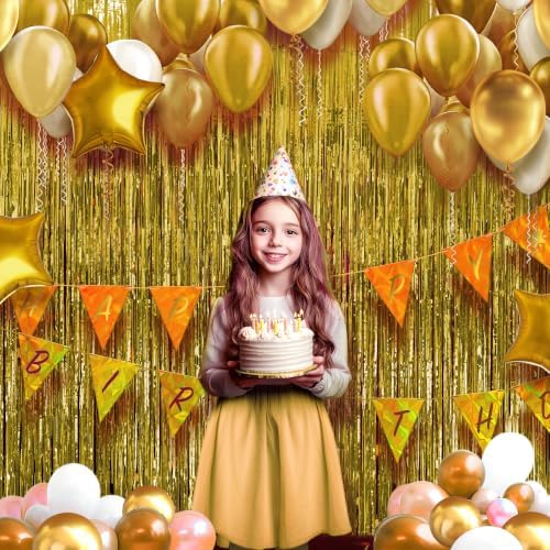 2 Pack Gold Fringe Backdrop, 3.2 x 8.2 ft Tinsel Curtains Party Decorations in 3.2 x 8.2 ft, alternate view 2