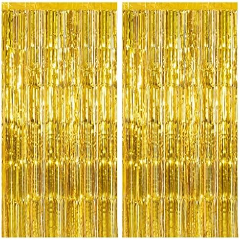 2 Pack Gold Fringe Curtain Backdrop Tinsel Streamers Birthday Party Decorations Christmas Photo Booth Backdrop
