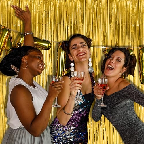 2 Pack Gold Fringe Curtain Backdrop Tinsel Streamers Birthday Party Decorations Christmas Photo Booth Backdrop, alternate