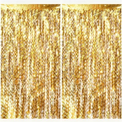 2 Pack Gold Fringe Curtain Backdrop Tinsel Streamers Birthday Party Decorations Photo Booth Backdrop Halloween