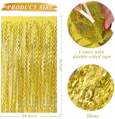 2 Pack Gold Fringe Curtain Backdrop Tinsel Streamers Birthday Party Decorations Photo Booth Backdrop Halloween, alternate
