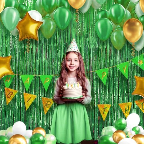 2 Pack Green Fringe Backdrop, 3.2x8.2ft Shining Foil Tinsel Curtains, Birthday Party Decorations Door Streamers, alternate