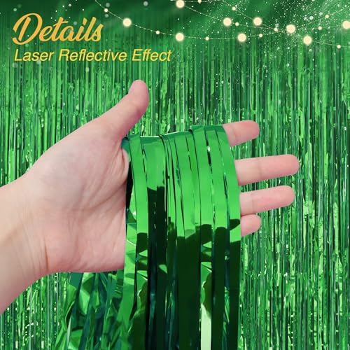 2 Pack Green Fringe Backdrop, 3.2x8.2ft Shining Foil Tinsel Curtains, Birthday Party Decorations Door Streamers, alternate