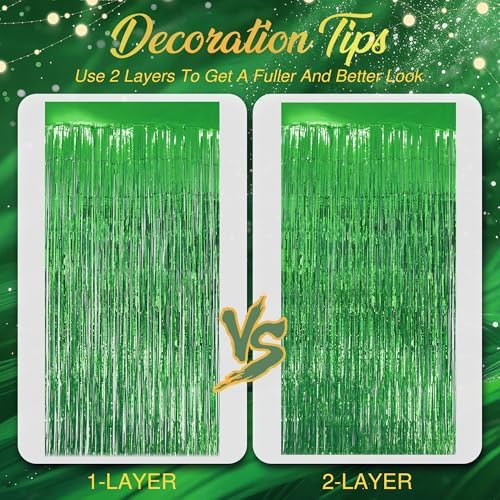 2 Pack Green Fringe Backdrop, 3.2x8.2ft Shining Foil Tinsel Curtains, Birthday Party Decorations Door Streamers, alternate