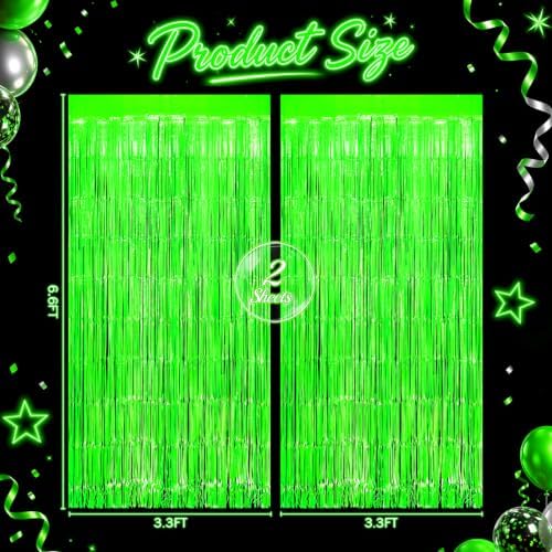 2 Pack Green Glow Party Fringe Curtain 40 x 80 Inch UV Reactive Neon Foil Backdrop for Blacklight St Patricks, alternate view