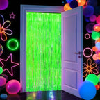 2 Pack Green Glow Party Fringe Curtain 40 x 80 Inch UV Reactive Neon Foil Backdrop for Blacklight St Patricks, alternate view