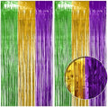 2 Pack Green & Purple & Gold Fringe Backdrop, 3.2x8.2ft Shining Foil Tinsel Curtains, Birthday Party Decorations