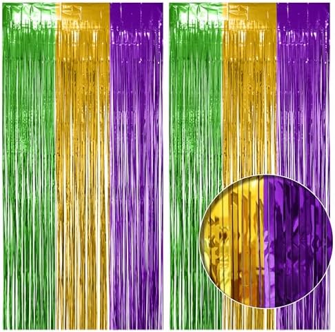 2 Pack Green & Purple & Gold Fringe Backdrop, 3.2x8.2ft Shining Foil Tinsel Curtains, Birthday Party Decorations