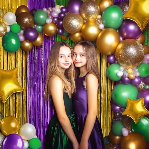 2 Pack Green & Purple & Gold Fringe Backdrop, 3.2x8.2ft Shining Foil Tinsel Curtains, Birthday Party Decorations, alternate