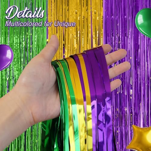 2 Pack Green & Purple & Gold Fringe Backdrop, 3.2x8.2ft Shining Foil Tinsel Curtains, Birthday Party Decorations, alternate