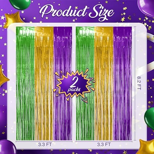 2 Pack Green & Purple & Gold Fringe Backdrop, 3.2x8.2ft Shining Foil Tinsel Curtains, Birthday Party Decorations, alternate