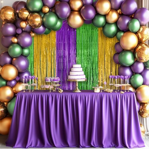 2 Pack Green & Purple & Gold Fringe Backdrop, 3.2x8.2ft Shining Foil Tinsel Curtains, Birthday Party Decorations, alternate
