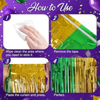 2 Pack Green & Purple & Gold Fringe Backdrop, 3.2x8.2ft Shining Foil Tinsel Curtains, Birthday Party Decorations, alternate