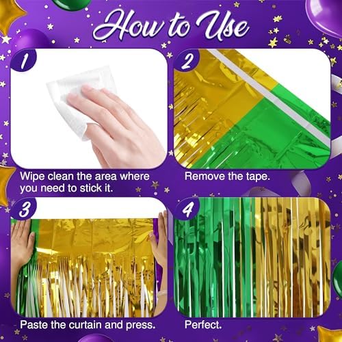 2 Pack Green & Purple & Gold Fringe Backdrop, 3.2x8.2ft Shining Foil Tinsel Curtains, Birthday Party Decorations, alternate