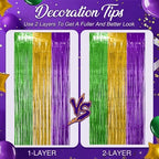 2 Pack Green & Purple & Gold Fringe Backdrop, 3.2x8.2ft Shining Foil Tinsel Curtains, Birthday Party Decorations, alternate