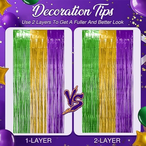 2 Pack Green & Purple & Gold Fringe Backdrop, 3.2x8.2ft Shining Foil Tinsel Curtains, Birthday Party Decorations, alternate